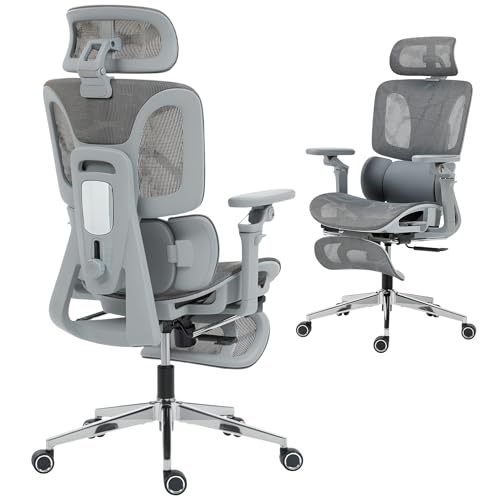 HOMCOM Ergonomic Office Chair, High Back Mesh Desk Chair with Reclining Separated Backrest, Lumbar Support, 6D Flip-up Armrests, Adjustable Headrest, Tilt Function, Footrest for Home Office, Grey