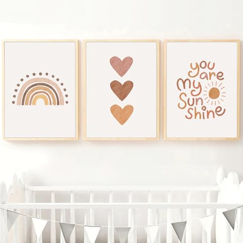 Image of PUYIQARE You Are My Sunshine Canvas Wall Art Nursery Print Heart Rainbow Boho Wall Art for Girls Room Kids Baby Room Decor Unframed
