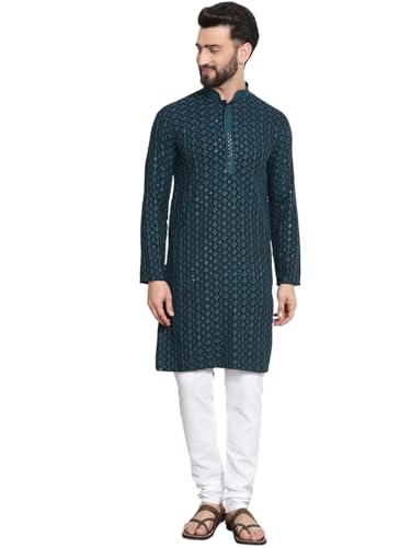 Image of SOJANYA (Since 1958 Men's Cotton Gold Embroidered Sequinned Kurta With white churidar Pyjama