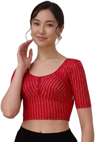 Sft Round Neck Cotton Lycra Stretchable Elbow Sleeves Readymade Saree Blouse for Women Stylish