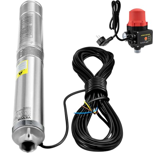 VEVOR 3'' Tiefbrunnenpumpe 550W Brunnenpumpe Max. Durchfluss 50L/min Tauchpumpe Förderhöhe 89m Tauchwasserpumpe Sandbeständig <5% Drehzahl 2850U/min Süßwasserversorgung Bewässern Entwässerung, Silber