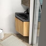 Eckwaschbecken mit Unterschrank | 38 cm Badezimmerschrank schmal in Naturholz | Matt-schwarzes Harzbecken mit Wandmontage und Soft-Close