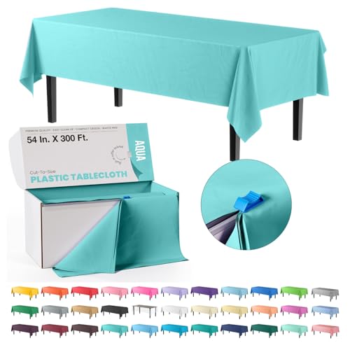 Image of Exquisite Party Solids 54 Inch X 300 Feet Aqua Plastic Table Cover Roll in A Cut - to - Size Box with Convenient Slide Cutter. Cuts Up to 36 Rectangle 8 Feet Plastic Disposable Tablecloths