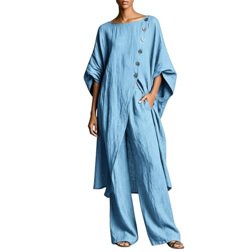 Conjunto de lino mujer túnica manga dolman y pantalón ancho para paseos marítimos y terrazas