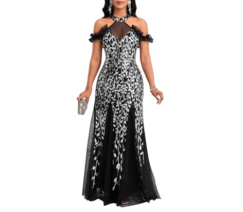 Image of Cololura Women Sexy Sequin Halter Neck Short Sleeve Mesh Perspective Party Bodycon Evening Cocktail Maxi Dress
