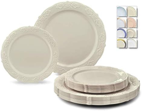 " OCCASIONS " 240 Plates Pack,(120 Guests) Vintage Wedding Party Disposable Plastic Plates Set -120 x 10.25'' Dinner + 120 x 7.5'' Salad / Dessert Plate (Portofino Ivory)