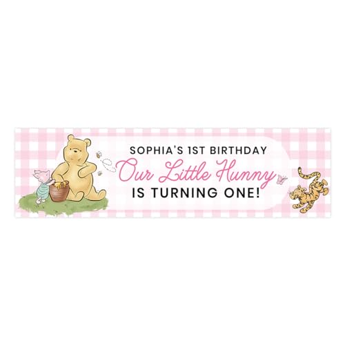 Andaz Press 13x48 Inch Large Custom Classic Winnie The Pooh Birthday Banner, Pink Gingham Happy Birthday Banner With Name Customization Our Little Hunny Party Decor For Winnie The Pooh First Birthday