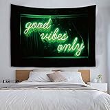 HuxtleEssentials Decorative Wall Tapestry, Good Vibes Only Words in Neon Light for Bedroom Living Room Outdoor 50 X 60 Inches (Green)