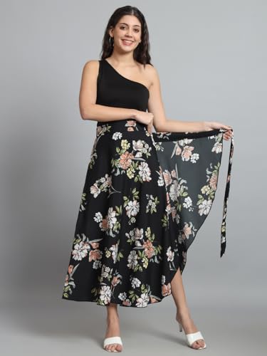 Image of Girl Code Crafted Adjustable Flower Print Black Wrap Skirt