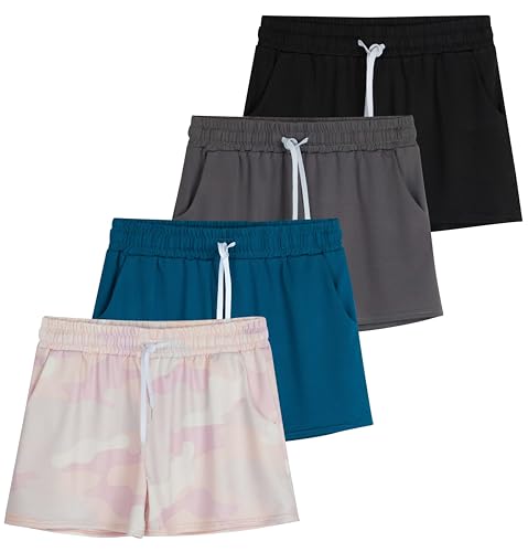 Real Essentials 4 Pack: Girls Athletic Performance Dry-Fit Running Shorts with Drawstring & Pockets - Set 7,L (12-14)