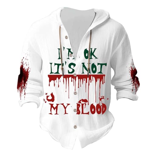 DOPRISIC Mens Halloween Long Sleeve Shirt White Linen Pants Men I\'M Ok It\'s Not My Blood Hoodie for Men Linen Drawstring Hooded Shirts Button Down Sweatshirts Funny Halloween Tops - Thumbnail 3