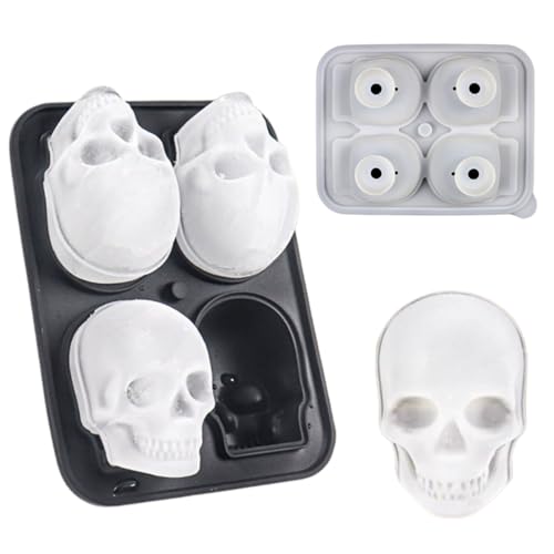 4er-Set 3D Totenkopf Eiswürfelform aus Silikon mit Deckel & Trichter Lebensmittelecht Einfach zu Entformen Perfekt für Halloween Partys Cocktails Motto-Party(Schwarz)