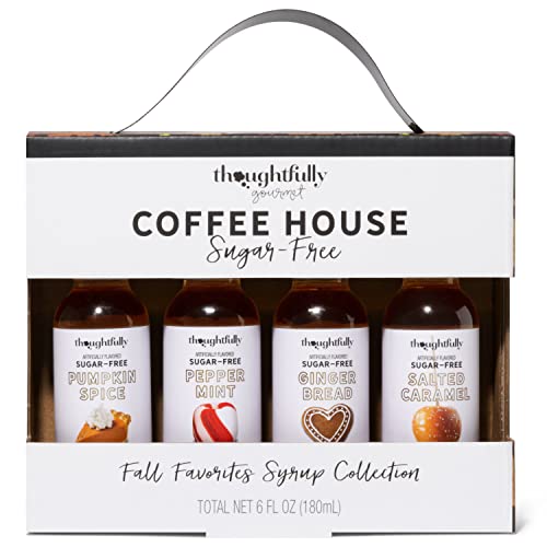 Thoughtfully Gourmet, Coffee House Fall Collection, jarabes de café sin azúcar en botellas de vidrio, jarabes en especias de calabaza, menta, pan de jengibre y caramelo salado, paquete de 4