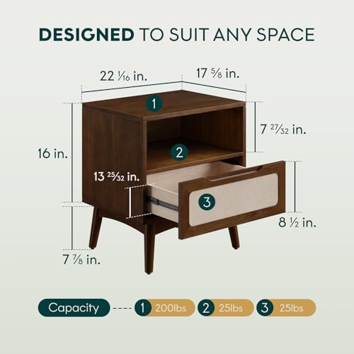 Image of Bme Calista Nightstand 1 Drawer - Solid Wood Chestnut Finish Bedside Table with Open Shelf & Fabric Panel Drawer, Mid-Century Modern Style with Tapered Legs, Easy Assembly