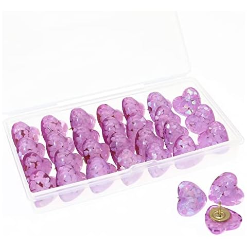 BITEYI Heart Sequin Push pins,30 Pcs Cute Heart Amber Thumbtacks Decorative Pushpin for Photos Wall,Maps,Bulletin Board,Cork Boards(Purple) Cover