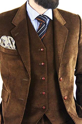 Mens Classic Corduroy 3 Pieces Party Prom Suit Tuxedo Jacket Vest Pant (Brown,Chocolate)2