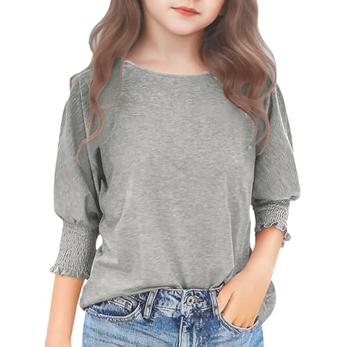 Teen Girls Puff Long Sleeve Blouse Tops Solid Crew Neck Loose Casual 2025 Summer Basic Shirts Tunic Tees Kids Clothes