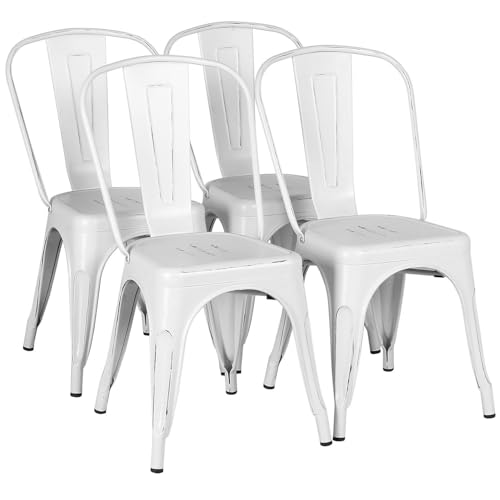Yaheetech Metal Dining Chairs Set of 4 Industrial Stackable Kitchen Chairs with Back for Dining Room/Restaurant/Bistro/Patio Indoor & Outdoor Use Distressed White
