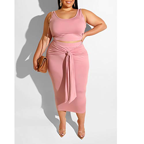 Womens Sexy Plus Size 2 Piece Midi Dress Outfits - Sleeveless Tie Dye Print Tank Crop Top Bodycon Skirts Set Pink Solid 5XL