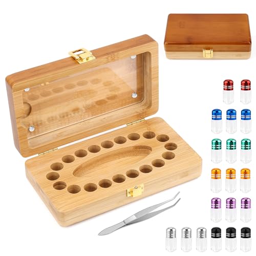 Coolrunner Tooth Boxes for Lost Teeth for Kids Baby Teeth Keepsake Box for 20 Holes Solid Wood Teeth Boxes Baby Tooth Box with tweezers and mini bottle