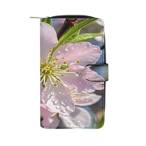 Peach Cherry Blossom Leather Wallet Long Checkbook Wallets Classic Bifold Ladies Clutch with ID Window - Main Image
