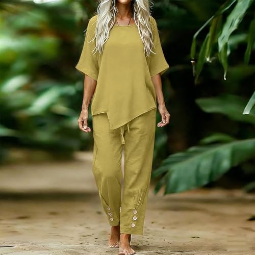 Traje de lino para mujer elegante conjunto de dos piezas con acabado suave 2