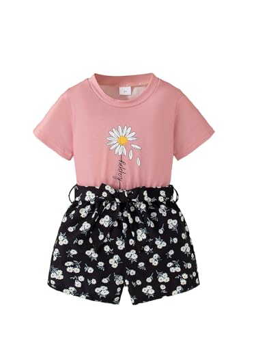 Image of Girl's 2 Pcs Outfits Short Sleeve Graphic T-Shirt Top and Paperbag Waist Shorts Set with Belt