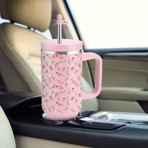 Image of MILTON My Tumbler Studio 1200 Thermosteel Double Wall Vacuum Insulated SS Tumbler with Handle 1100ml, Leak Proof Travel Mug, Straw, Silicon Cap Cleaning Brush, Hot & Cold Beverage Flask, Pink Floral