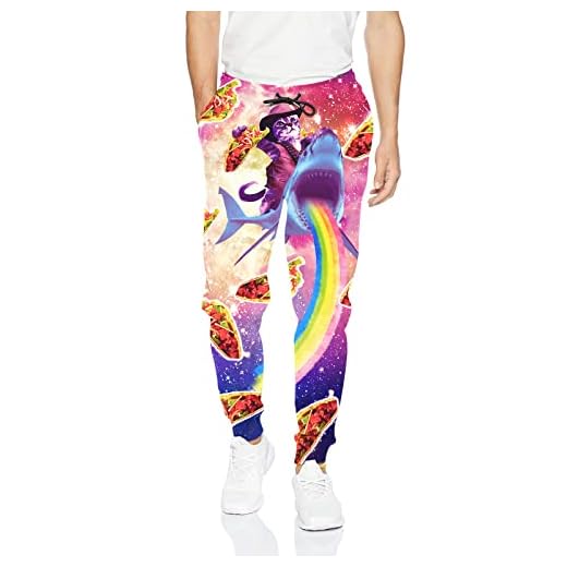 uideazone 80s's Men Jogger Pants with Pockets Cool Rainbow Shark Pattern Parachute Sweatpants Elastic Waist Tracksuit Sports Gym Jogger Pants
