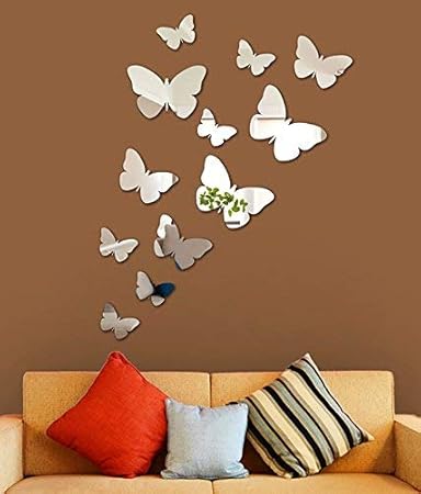 Wall1ders 1Store - 12 Butterfly 3 Sizes Silver 3D Mirror Stickers, 3D Acrylic Stickers, 3D Mirror Wall Stickers for Living Room, Hall, Bed Room & Home.