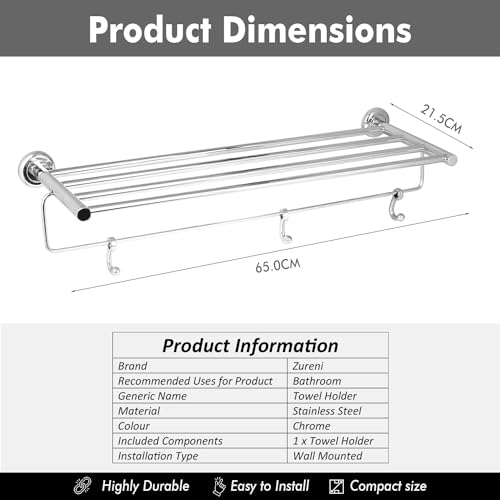 Image of Zureni Folding Towel Rack for Bathroom with Multipurpose Hooks Wall Mount Hanger Bar Shelf Accessories and Fittings Stand Home Washroom Kitchen (Pack of 1, Silver, Circular Rod)