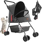 BAKAJI Passeggino per Animali Domestici Carico Massimo 15kg, Carrozzina per Cani e Gatti Pieghevole e Salvaspazio con Cestello Portaoggetti e Ruote Bloccabili, Cappottina Protettiva Anti UV (Nero)