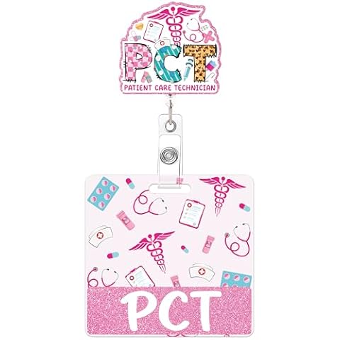 Nursing Badge Reel with Buddy - PCT Badge Reel and Buddy Horizontal, Pink Badge Reels Retractable with Swivel Clip for Patient Care Technician, PCT Accessories for Work Cover