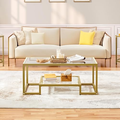 Yaheetech Modern Coffee Table with Tempered Glass Top and Open Storage Shelf, 2-Layer Design for Living Room/Office, Adjustable Feet, Mustard Gold - Image 4