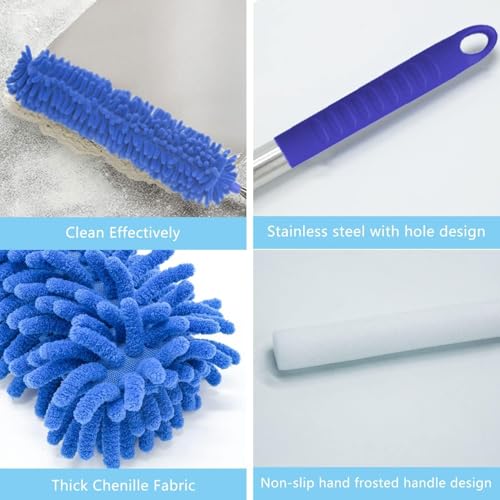 Image of Microfiber Feather Chenille Duster for Dust Cleaning with extendable Pole 100 Inch with Anti Scratch Bendable Washable Duster with High Cobweb Stick for High Ceiling Fans, Furniture - Blue