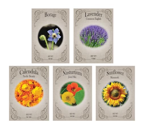 Set of 5 Edible Flower Garden Collection – Grow Timeless Heirloom Flowers for a Charming, Vintage Garden – Non-GMO, High Germination – Lavender, Nasturtium, Calendula, Borage & Sunflower