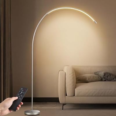 Arc Floor Lamp for Living Room, 71" Remote Control Dimmable LED Floor Lamp with 3 Color Temperatures 2700K-5000K Stepless Dimming Curved Modern Standing Tall Lamp for Bedroom Office Home (Silver)