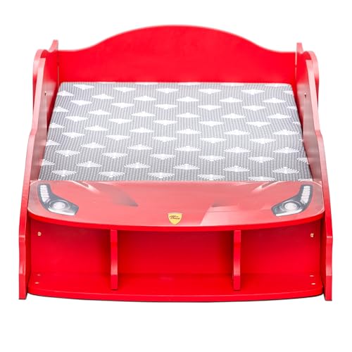 Image of Alex Daisy Kids Racing Car Bed with Front Bookshelf | Engineered Wood Toddler Bed for Boys & Girls | Sports Car Design | Fits 140 x 70 cm Mattress | Child Bed Up to 8 yr or 50 kgs (with Mattress)