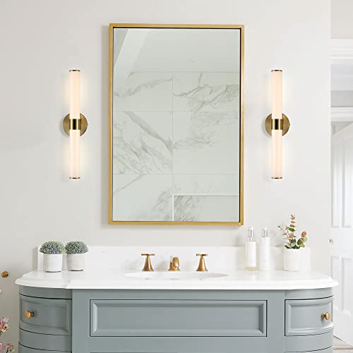 Image of JONATHAN Y 20.13 inch Brass Gold 1-Light Integrated LED Vanity Light, Mid-Century Modern Iron Sconce with Frosted Acrylic Shade, Dimmable Bathroom Light Fixture for Mirror, 3000K JYL7119A