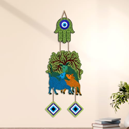 Image of Artvibes Tree of Life Deer Family Evil Eye Wall Hanging Decor | Nature Inspired Nazar Battu Protection Ornament | Rustic Spiritual Accent for Home Entrance | Living Room | Gift Item (WH 85146N)