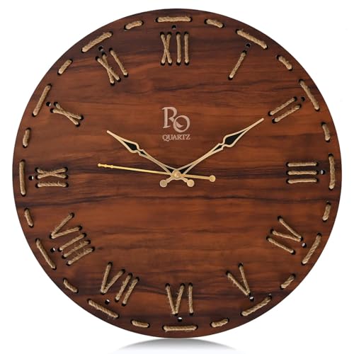 Image of Wooden Round Shape Roman Dial Wall Clock with Golden Hands & Golden Jute Rope Detailing | Silent Quartz Movement Anti Reflection Analog Vintage Clock for Office & Home (Brown, 15.5 Inch)