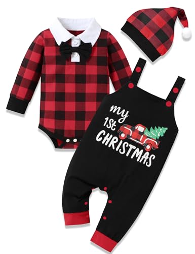 Image of Jrbybazy My First Christmas Baby Boy Outfit Long Sleeve Romper Suspender Pants with Hat 3pcs Christmas Clothes 0-12 Months