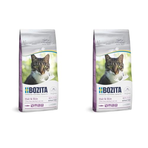 BOZITA Hair & Skin Weizenfrei mit Lachs - Trockenfutter für Erwachsene Katzen, DASS Haut- und Fellpflege unterstützt, 2 kg (Packung mit 2)