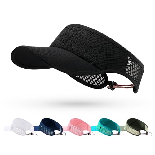 Mesh Sports Visor for Women Men - Adjustable Drawstring Lightweight Breathable Sun Hat for Running Tennis Golf Pickleball Black