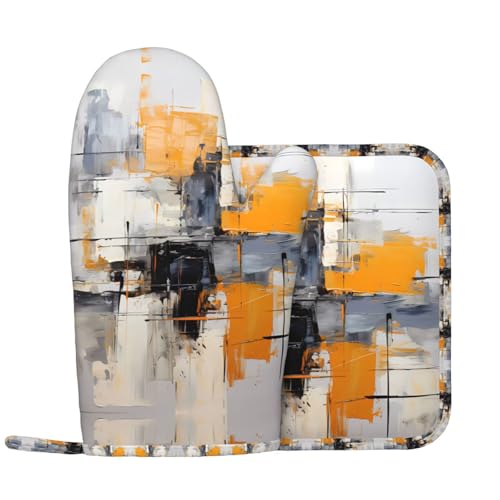 Juego de guantes de horno y soportes para ollas de pintura abstracta gris y amarillo, antideslizantes y resistentes a altas temperaturas, fáciles de limpiar y colgar.
