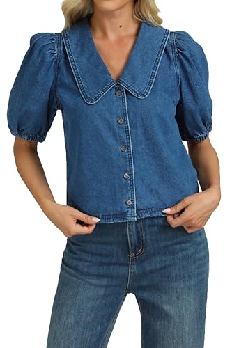 Womens Denim Shirts Button Down Collar Puff Short Sleeve Casual Lightweight Summer Jean Shirt Tops