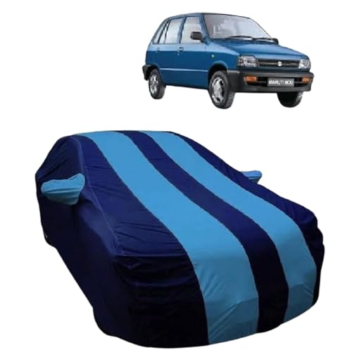 Image of RSP Aarvik Waterproof Car Body Cover Compatible with Mirror for Maruti Suzuki 800 with Long Lasting Durable Material Triple Stitched Elastic (2006-2025) Year Models (Blue Stripe)
