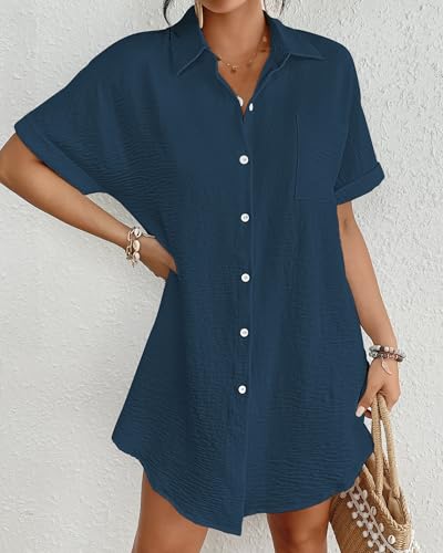 Bsubseach Women Swimsuit Coverup Shirt Dress Button Down Bathing Suit Cover Up Beachwear Navy Blue M - Image 3