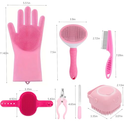 8PCS Dog Bath Supplies Set，Dog Washing Gloves，Shampoo Brush, Shedding Slicker Brush，Complete Pet Grooming Kit for Dog&Cat and Small Animal Grooming(8PCS-Bath-Pink) - Thumbnail 2