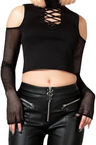 Killstar Dark Half Long Sleeve Top Black Fishnet Gothic Alternative-XL